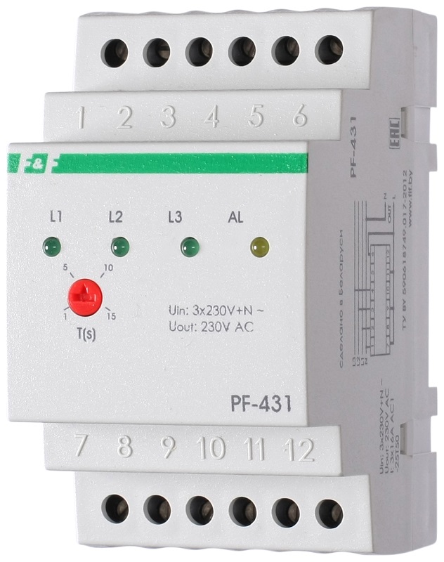 Переключатель фаз электронный на DIN-рейку F&F PF-431 3х16А 180-253В .